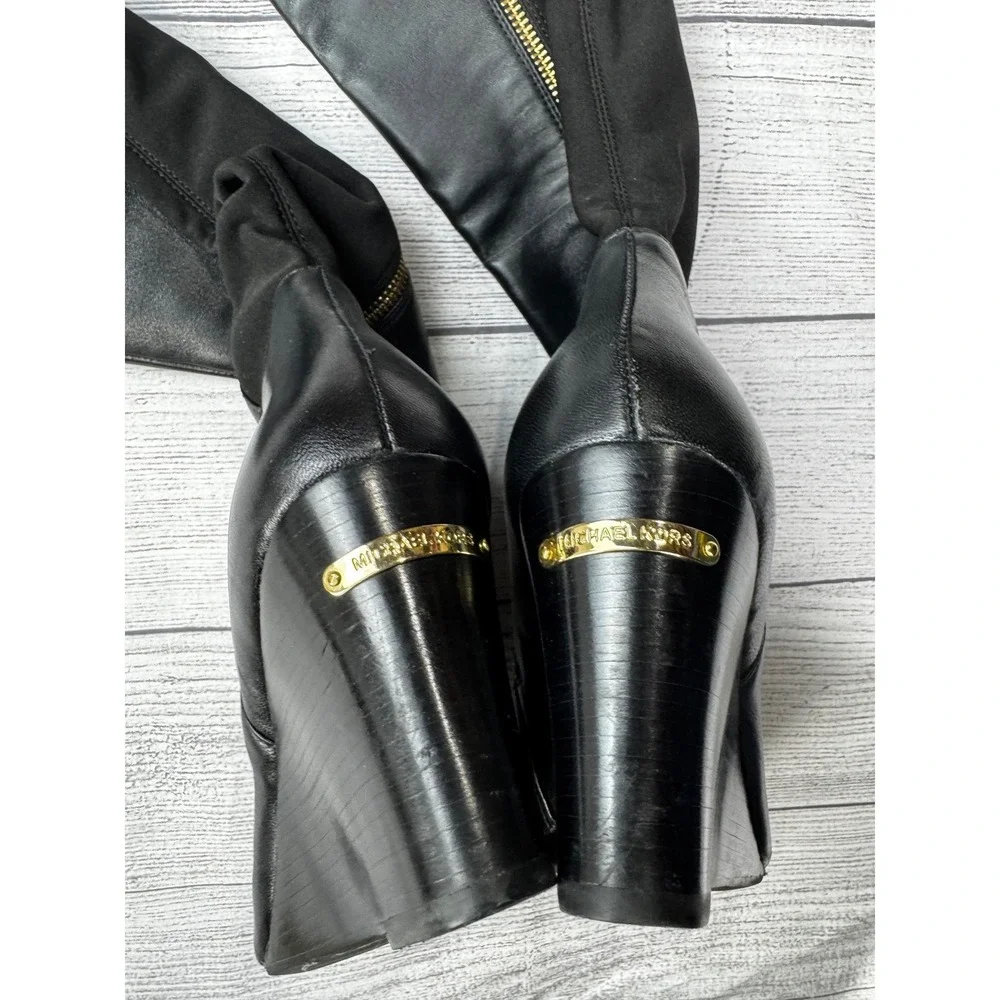 Michael Kors Arley Black Leather Stretch Back Wedge Tall Boots Gold Zip Size 9M